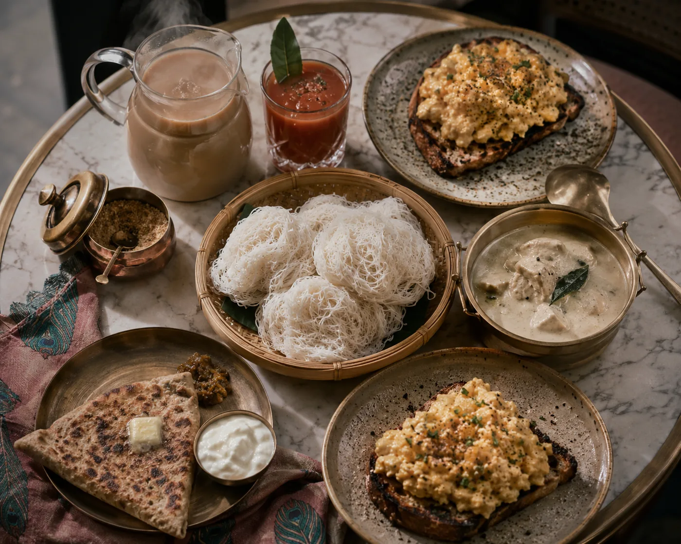 Weekend brunch at Chai St Cardiff: iddiyappam string hoppers with coconut stew, masala eggs on toast, aloo paratha with butter, a jug of chai and a Bloody Mary on a marble table.