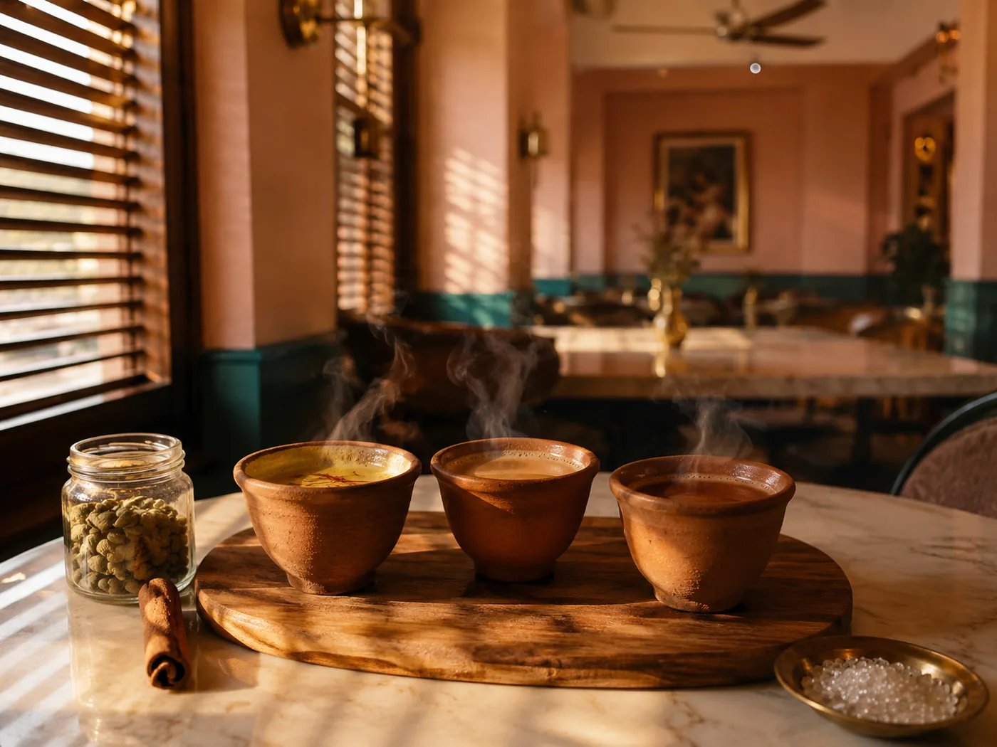 A flight of chai in clay cups on a wooden board at Chai St Indian Bistro, Cardiff.