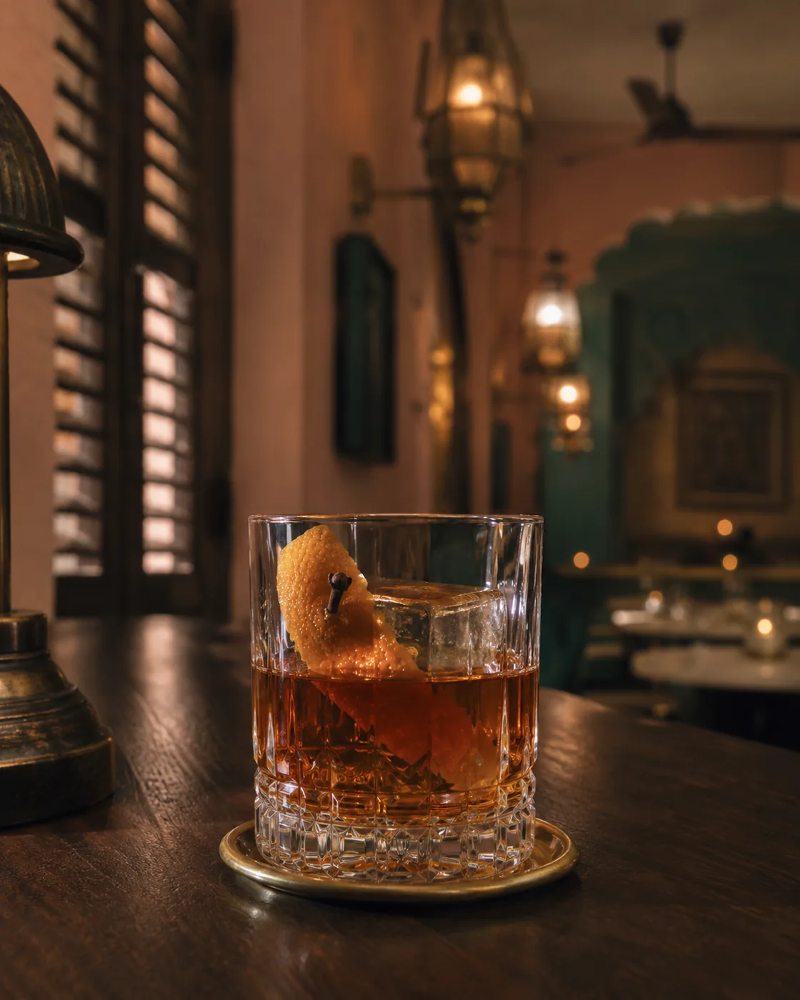 The Maharaja Old Fashioned at Chai St Indian Bistro, Cardiff: a cut-crystal glass with an orange twist on a brass coaster, lantern light behind.