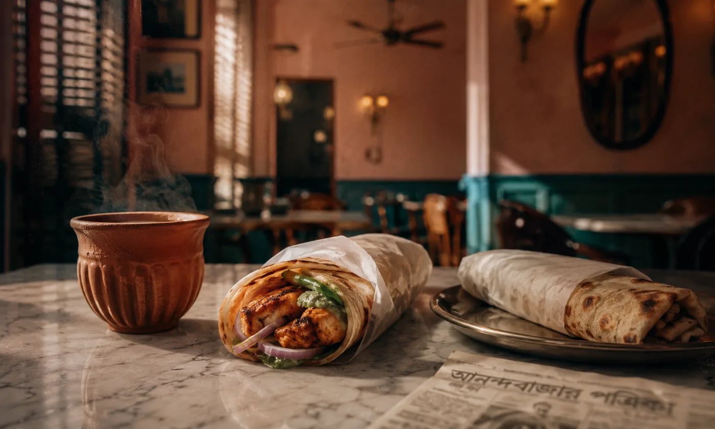 A chicken kathi roll on greaseproof paper, the 1932 Calcutta wrap, at Chai St Cardiff.