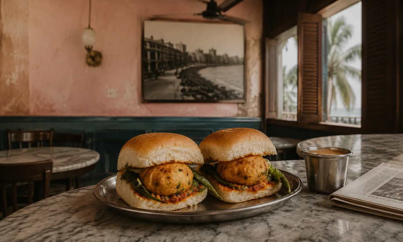 Vada pav on a steel plate at a marble table, Mumbai street food at Chai St Cardiff.