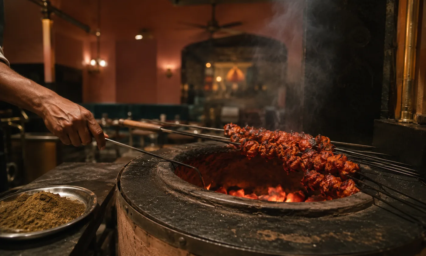 A Punjabi tandoor with glowing embers and skewers of marinated chicken tikka, Chai St Indian Bistro Cardiff.