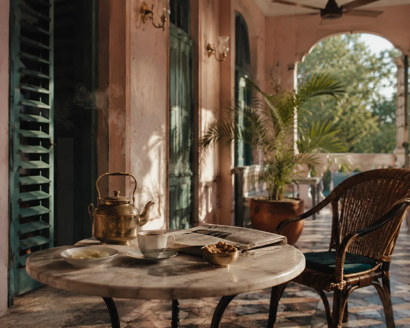 A verandah table with a brass kettle and cane chair in afternoon light, the mood behind the Chai St room in Cardiff.